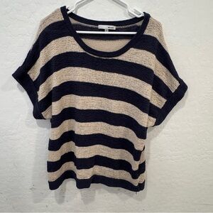 WD.NY Knit Blouse Women 2X Navy Beige Striped Short Sleeve Coastal Preppy Spring